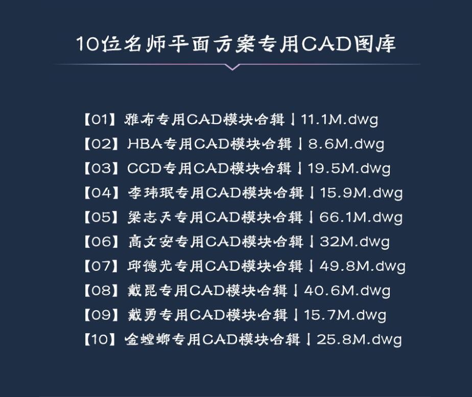 名师平面方案专用CAD图库丨梁志天,CCD,HBA,李玮珉,雅布丨家具详细分类，均为0图层丨125M-6